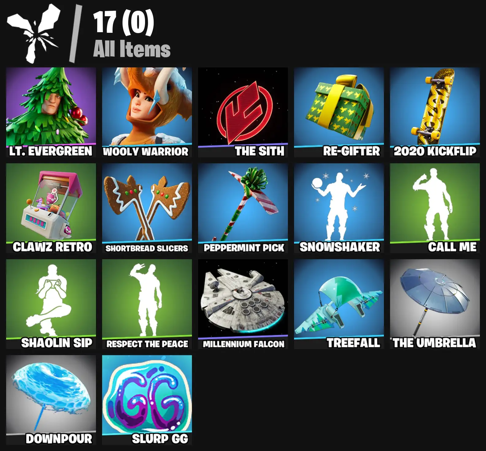 [PC/PSN/XBOX] 2 skins | Lt. Evergreen | Wooly Warrior | The Sith | Re-gifter | 2020 Kickflip | Clawz Retro | Shortbread Slicers | Peppermint Pick | 200 VB