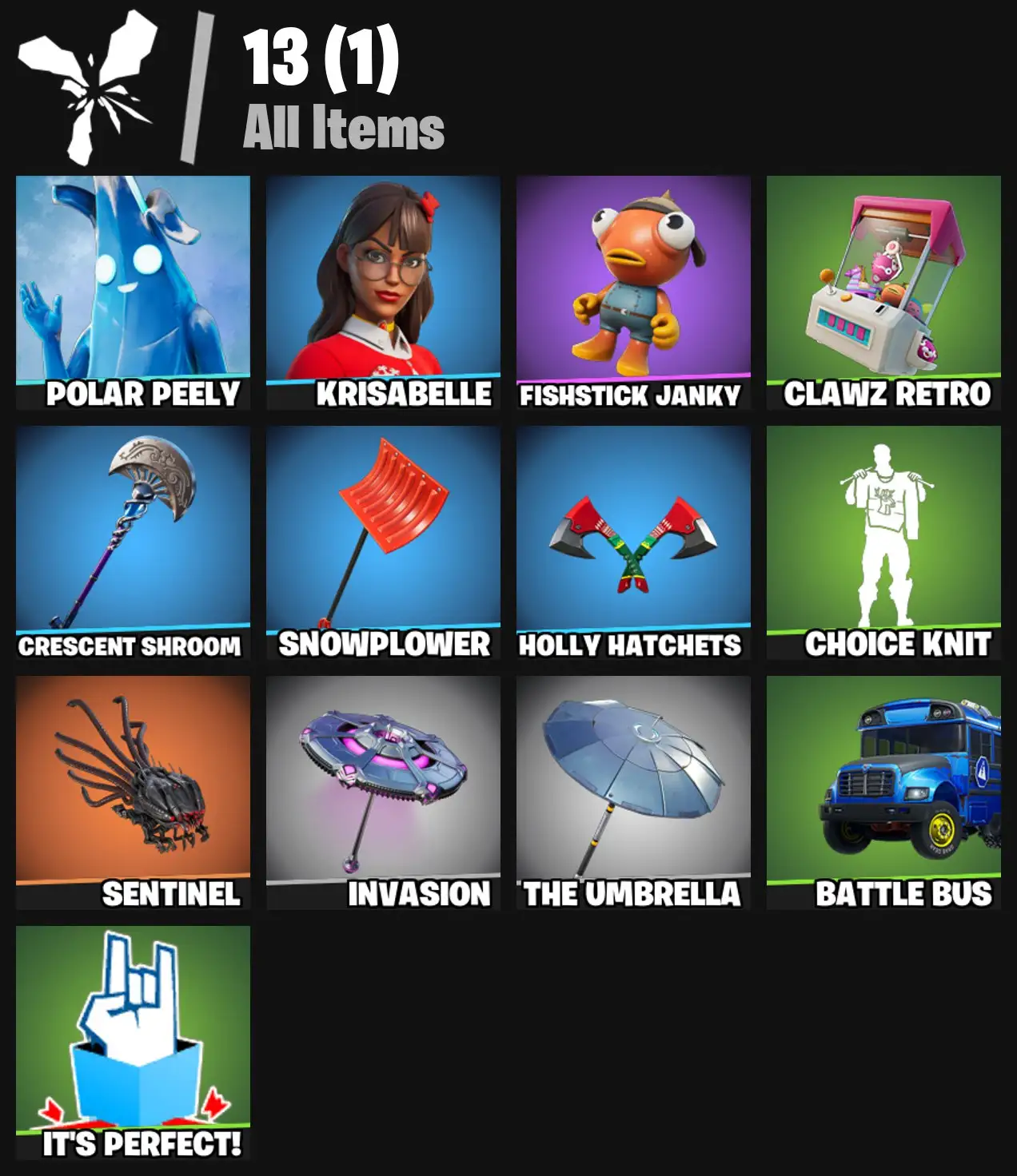 [PC/PSN/XBOX] 2 skins | Polar Peely | Krisabelle | Fishstick Janky | Clawz Retro | Crescent Shroom | Snowplower | Holly Hatchets | Choice Knit | 100 VB