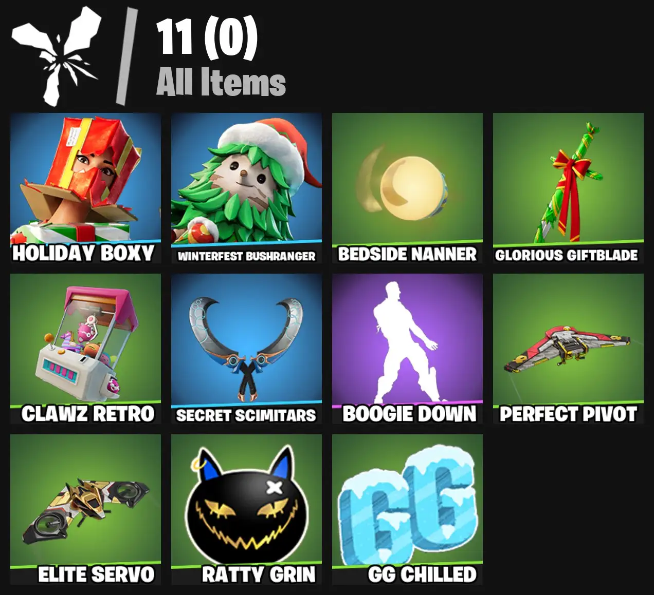 [PC/PSN/XBOX] 2 skins | Holiday Boxy | Winterfest Bushranger | Bedside Nanner | Glorious Giftblade | Clawz Retro | Secret Scimitars | Boogie Down | 0 VB