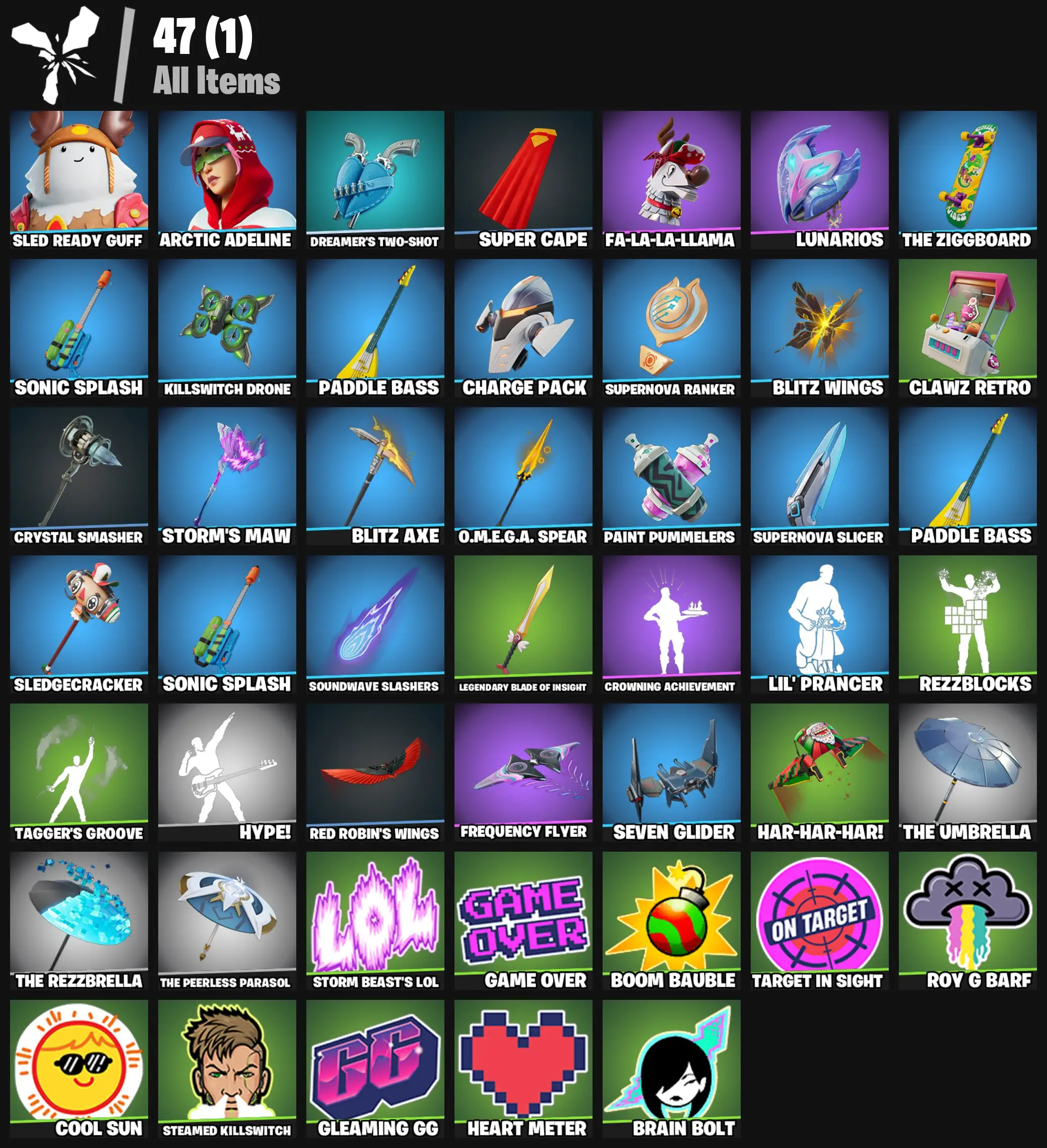 [PC/PSN/XBOX] 2 skins | Sled Ready Guff | Arctic Adeline | Dreamer's Two-Shot | Super Cape | Fa-la-la-Llama | Lunarios | The Ziggboard | 200 VB