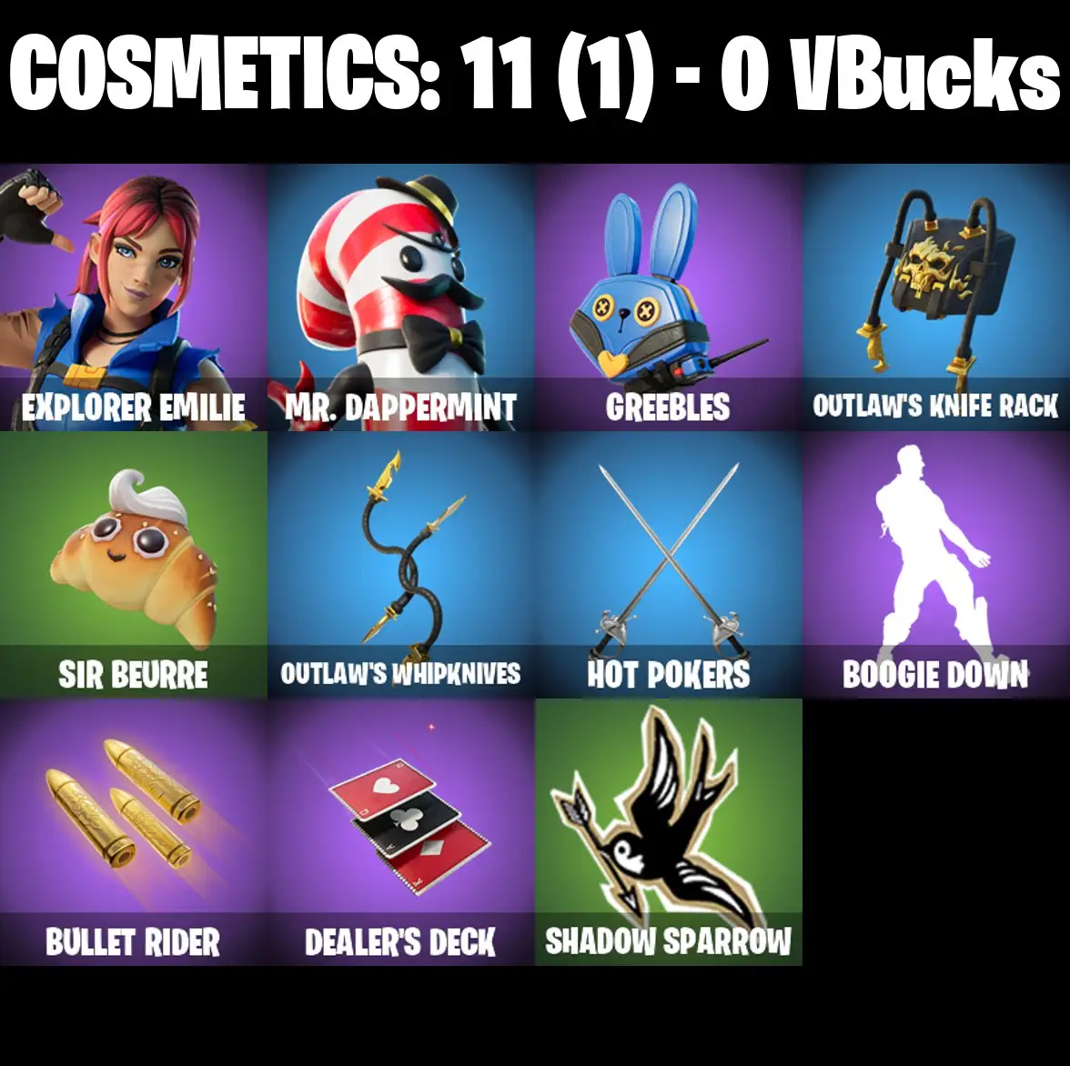 [PC/PSN/XBOX] 2 skins | Explorer Emilie | Mr. Dappermint | Greebles | Outlaw's Knife Rack | Sir Beurre | Outlaw's Whipknives | Hot Pokers | 0 VB