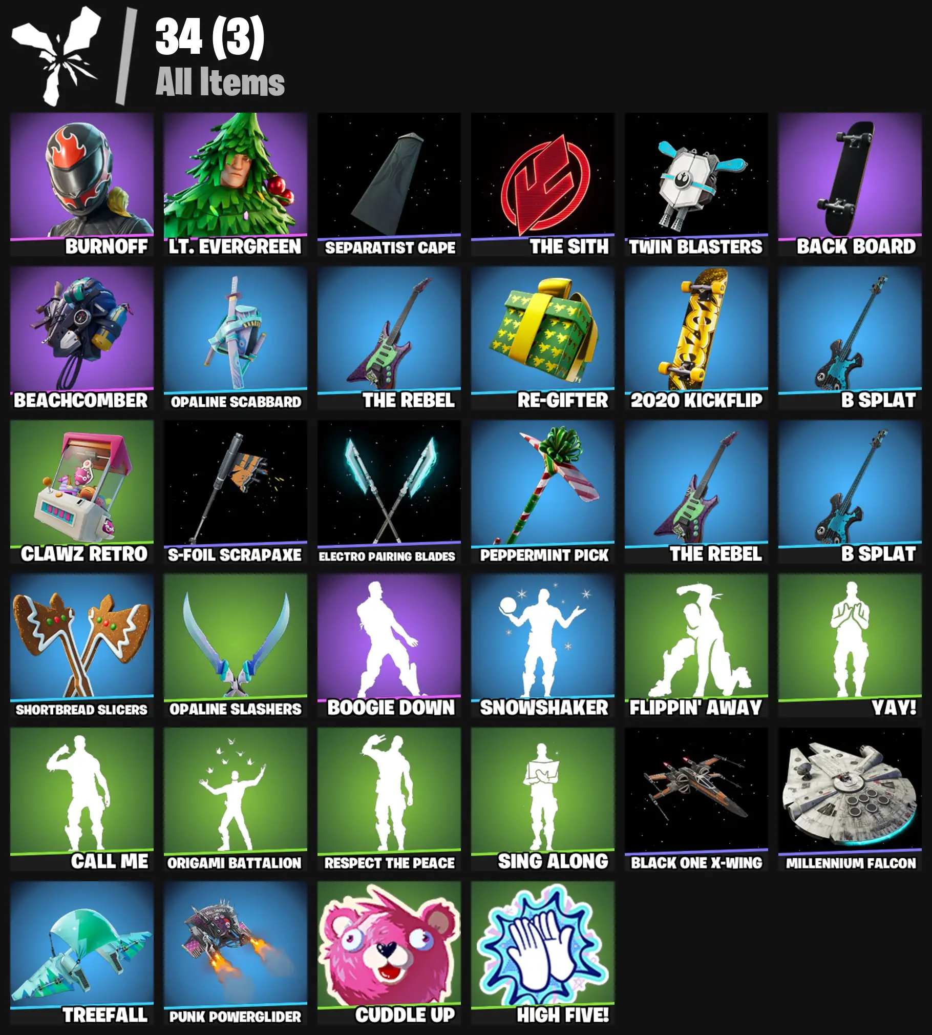 [PC/PSN/XBOX] 2 skins | Burnoff | Lt. Evergreen | Separatist Cape | The Sith | Twin Blasters | Back Board | Beachcomber | Opaline Scabbard | 200 VB