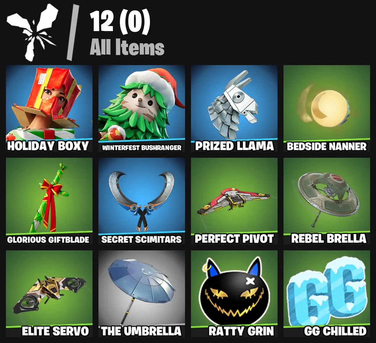 [PC/PSN/XBOX] 2 skins | Holiday Boxy | Winterfest Bushranger | Prized Llama | Bedside Nanner | Glorious Giftblade | Secret Scimitars | Perfect Pivot | 100 VB
