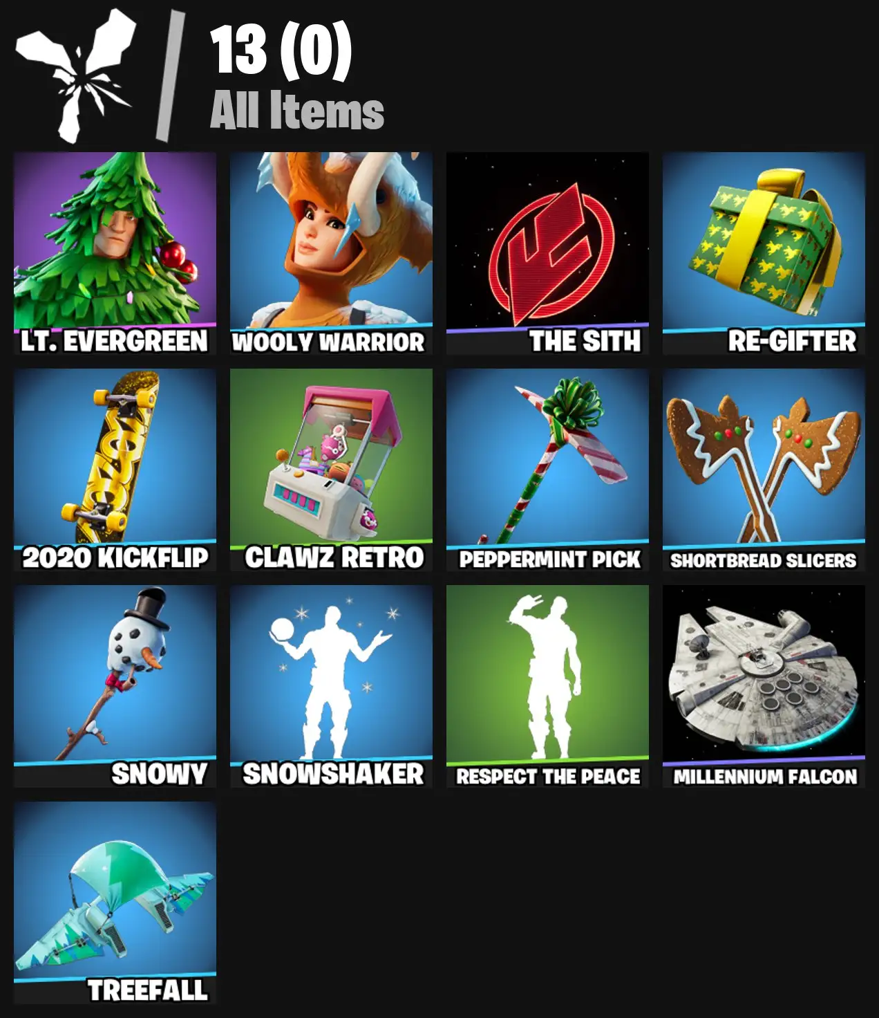 [PC/PSN/XBOX] 2 skins | Lt. Evergreen | Wooly Warrior | The Sith | Re-gifter | 2020 Kickflip | Clawz Retro | Peppermint Pick | Shortbread Slicers | 0 VB