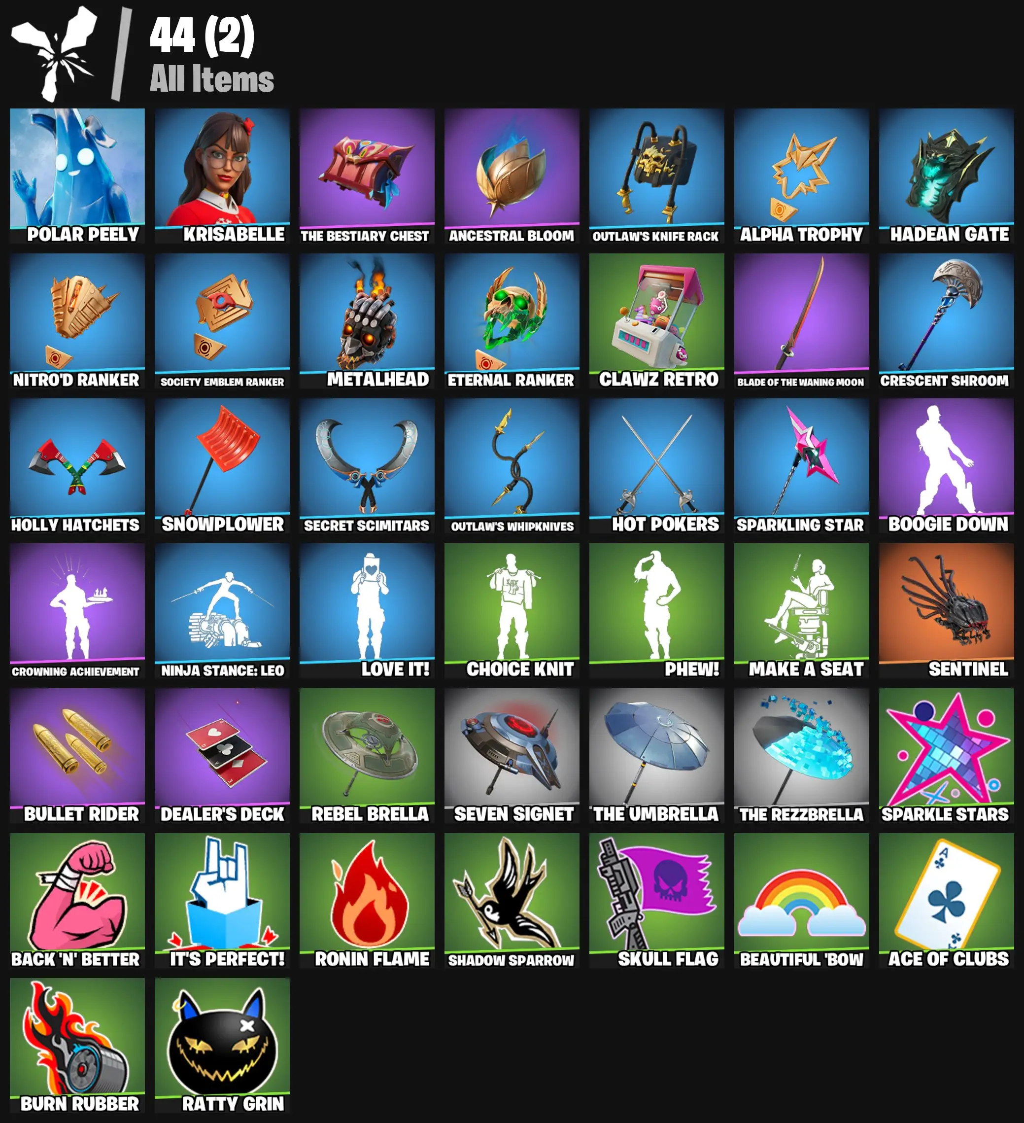 [PC/PSN/XBOX] 2 skins | Polar Peely | Krisabelle | The Bestiary Chest | Ancestral Bloom | Outlaw's Knife Rack | Alpha Trophy | Hadean Gate | 200 VB